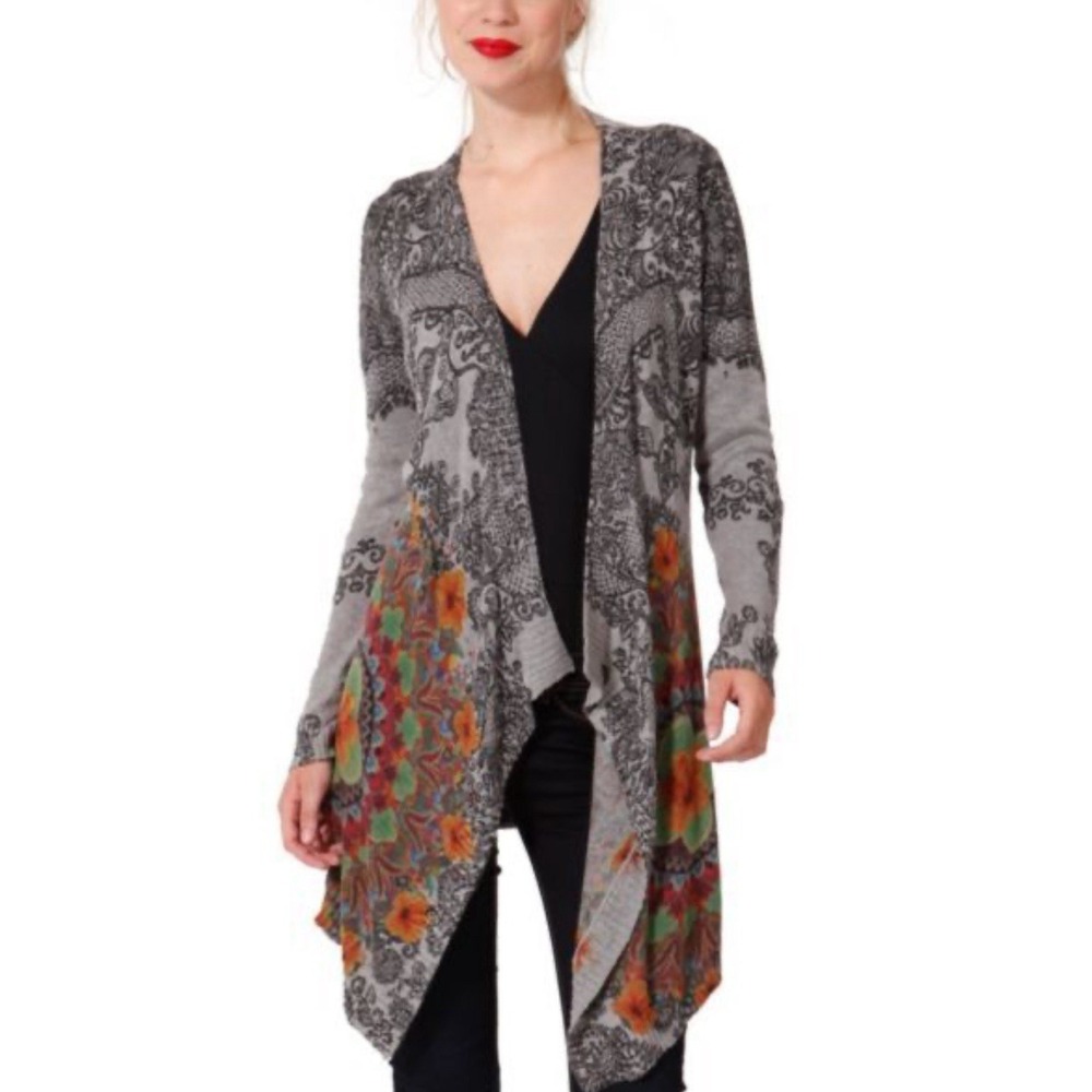 Desigual Women's Gray Asymmetric Artsy Cardigan Open Tie Waist Robe Wrap Size XL